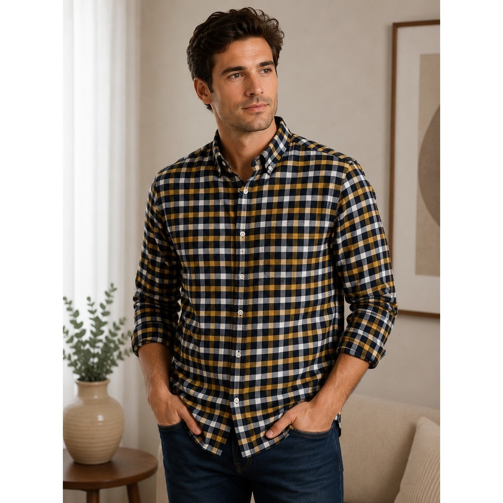 J.Crew Mens Flex Oxford Gingham Check Button Down Shirt Navy Yellow White XL